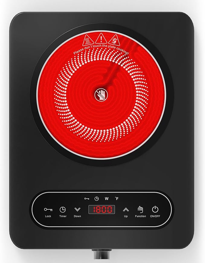 VBGK Single Burner Electric Cooktop, 110V 1800W Electric Cooktop with LED Touch Controls and Knob Controls, 10 Power Levels, 4-Hour Timer, Safety Lock, Single Burner Overheat Protection