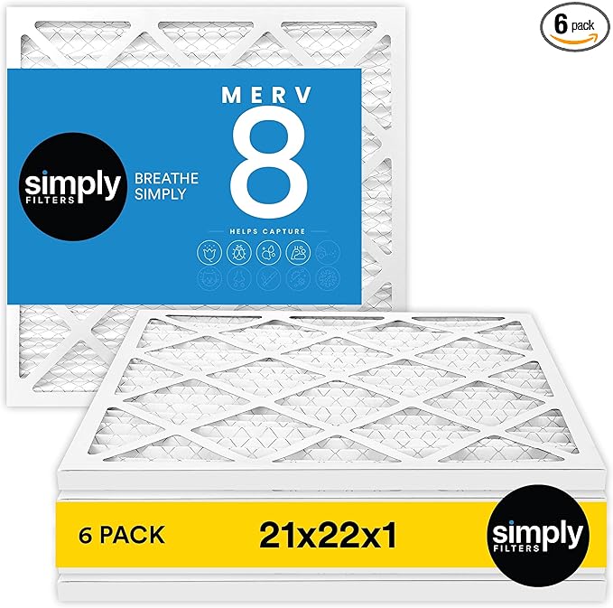 Simply 21x22x1 Air Filter, Merv 8, 6 Pack, For Home AC Furnace & HVAC (Actual Size: 20.75"x21.75"x0.75") DUST, Pet, & Allergy Control