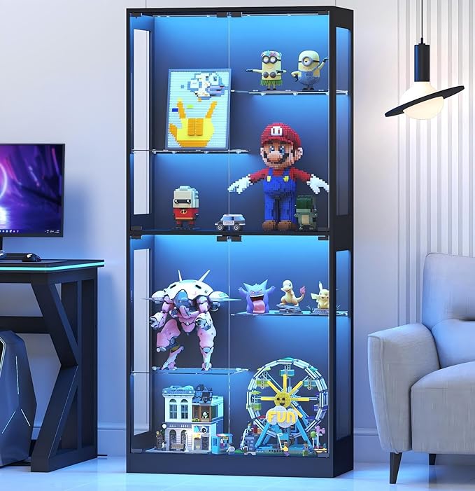 69-Inch Glass Display Cabinet - Curio Cabinet with RGB Lighting, Adjustable Shelves Display Case, for Game Room, Living Room, Bedroom, Black
