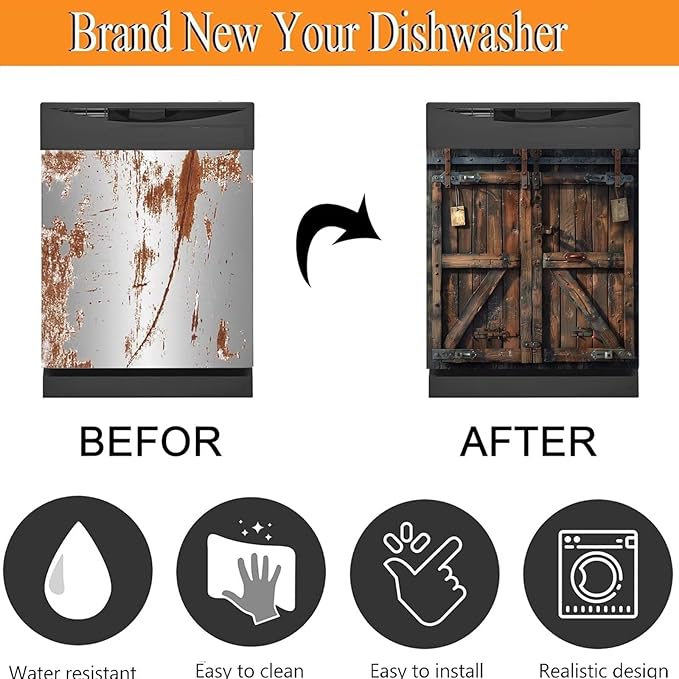 Barn Wooden Door Magnet Dishwasher Cover Panel Magnetic Sticker, Vintage Wooden Door Magnetic Skin Cover for Dishwasher Refrigerator Cabinets (23" x 26" Magnetic)
