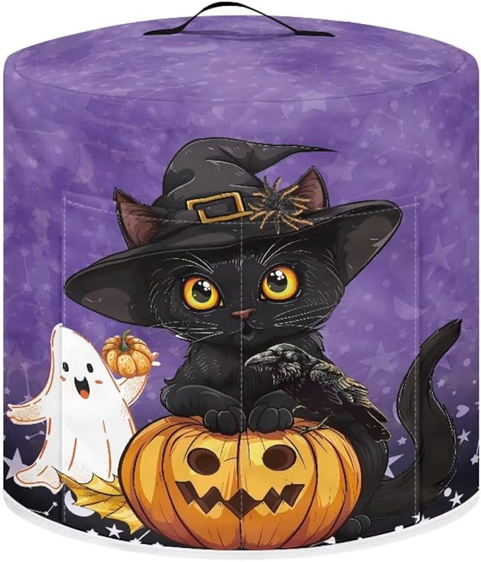 Halloween Cute Black Cat Pressure Cooker Dust Cover with Top Handle and Storage Pocket 3 Quart Air Fryer Rice Cooker Protector Covers Kitchen Appliance Decoration