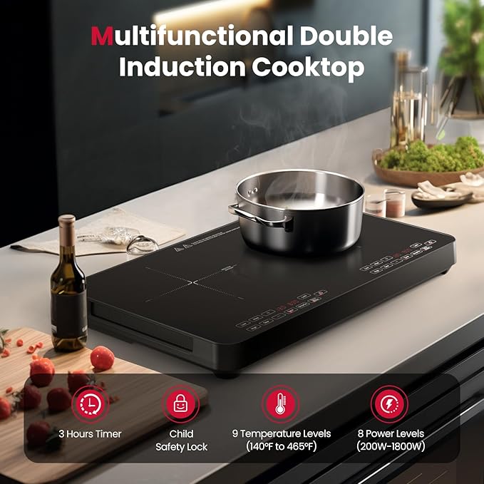 GASLAND SwiftChef Double Burner Induction Cooktop, 1800W Induction Countertop with 8 Power Levels, Dual Cooker with Sensor Touch Control, Child Safety Lock & Timer, ETL-certified for Tiny House