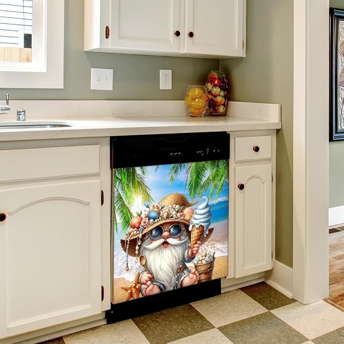 Summer Cute Gnome Dishwasher Magnet Cover Summer Cute Gnome Front Dishwasher Cover Decoration Reusable Magnetic Door Cover Panel Decal Home Appliances Stickers Kitchen Refrigerator 23"X26"