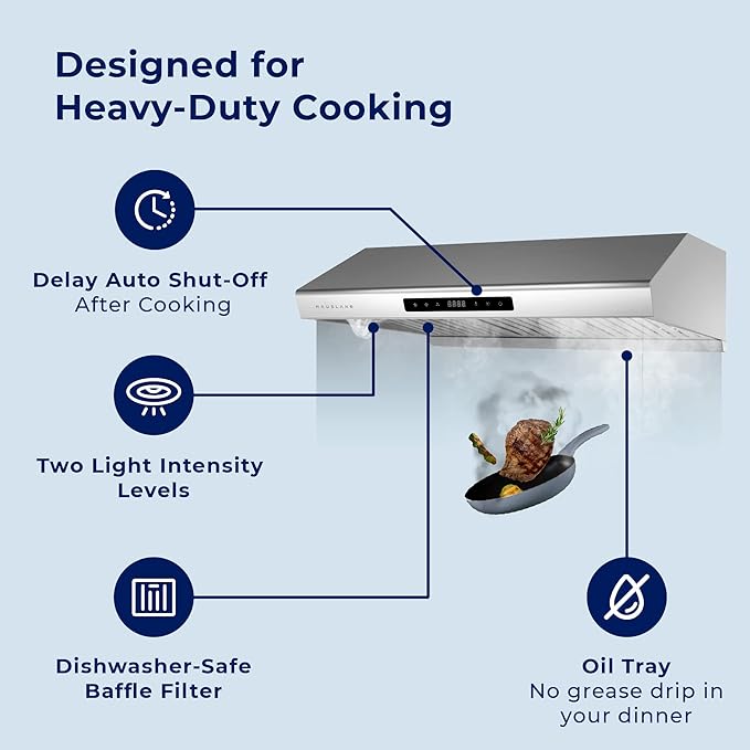 Hauslane Range Hood 30" Under Cabinet,900 CFM Kitchen Range Hood | 3 Speed Exhaust Fan, Delay Auto Shut-Off Vent Hood | Stainless Steel Electric Stove Ventilator | Chef Series PS10