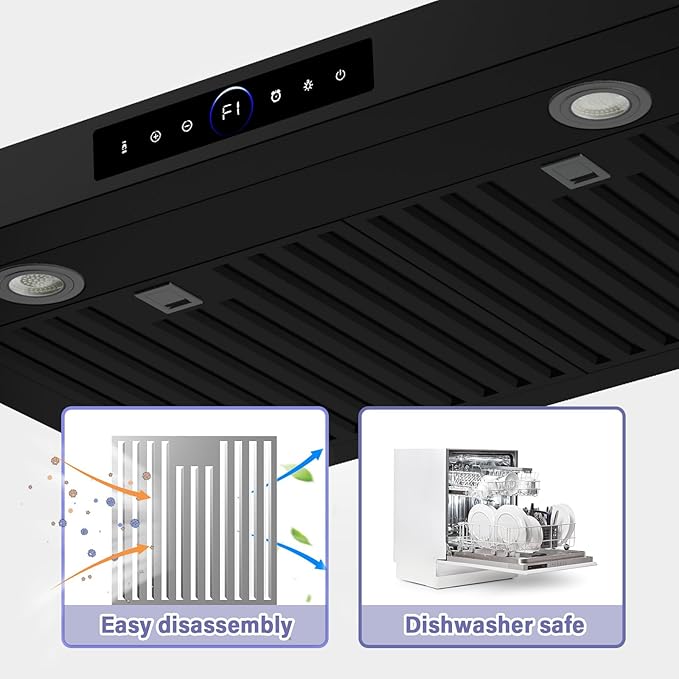 30 Inch Under Cabinet Range Hood,1200CFM Vent Hood with Powerful Suction,4-Speed Exhaust Fan,Stainless Steel Ducted Kitchen Hood Extractor with Led Lights,Smart Touch Panel,Black,15S-E30BK