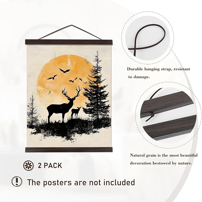 2 Pack Magnetic Poster Hanger Frame, 20x28 20x30 20x26 Light Wood Wooden Magnet Canvas Artwork Print Dowel Poster Hangers Frames Hanging Kit (Walnut, 20", 2 Packs)