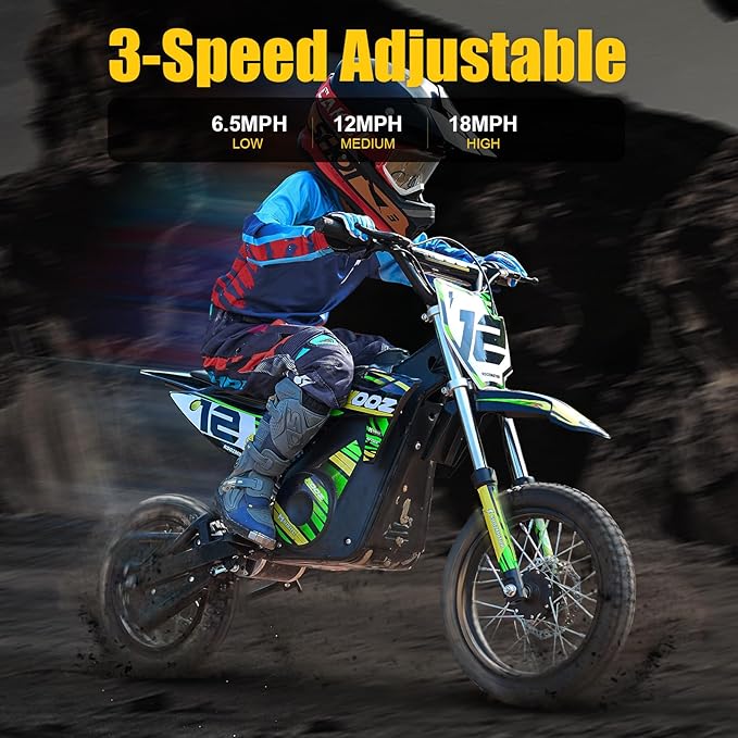 KOOZ HP112E 36V 1000W Electric Dirt Bike for Kids, 3 Speed Modes Teen Electric Motorcycle Up to 18 MPH & 15 Miles Long-Range, Dual Suspension & Disc Brake, 16" Sturdy Tire for Kids Teenagers
