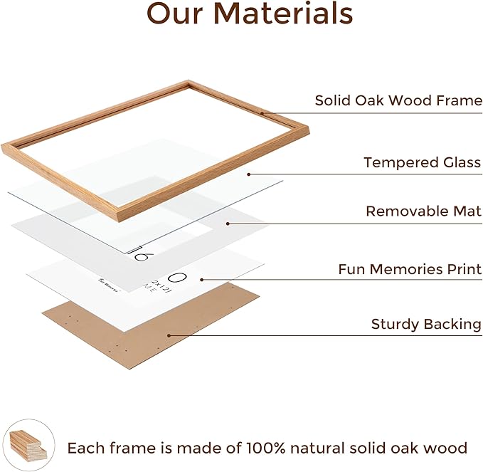Fun Memories 16x20 Picture Frame for Wall, 16 x 20 Solid Oak Wood Frames, Tempered Glass, 16x20 Picture Frame with Mat for 11x14, 16 by 20 Wood Frames, 16 x 20 Matted Poster Frame, Natural Oak Color