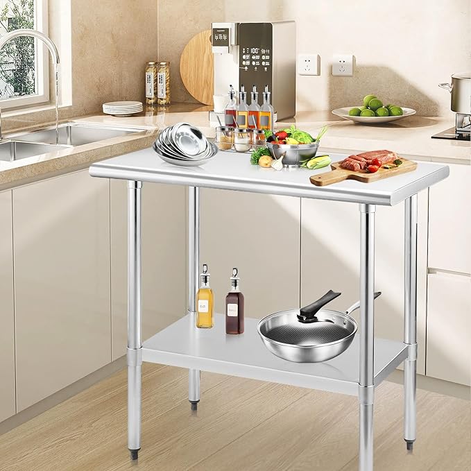 STABLEINK NSF Stainless Steel Prep Table, 30 x 48 Inches 4ft Metal Workbench with Adjustable Lower Undershelf, for Commercial Kitchen, Restaurant, Hotel, Laundry and Garage