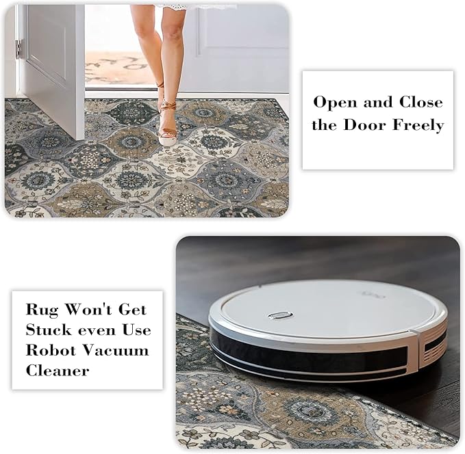 Lahome Moroccan Trellis Small Area Rug, 2x4 Rugs for Entryway Non-Slip Vintage Ultra-Thin Washable Indoor Door Mat Distressed Throw Carpet for Bathroom Kitchen Bedroom, Grey