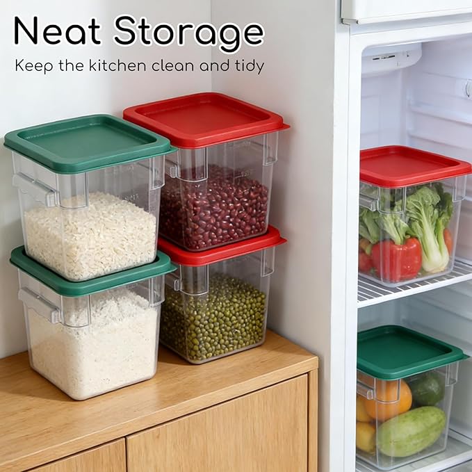 6-Pack 8 Quart Food Storage Container with Lid, Commercial Grade Square Polycarbonate 8 Qt Container with Lid, Handles & Measurement Scales, Airtight Stackable for Kitchen, Restaurant & Home Use