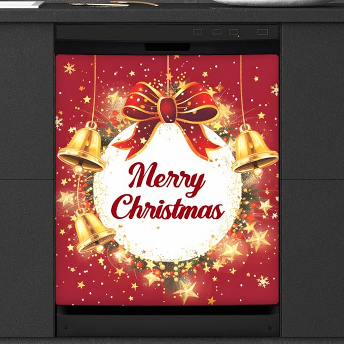 Merry Christmas Bell Bow Dishwasher Magnet Cover, Reusable Refrigerator Panel Stickers Microwave Front Door Covers Magnets for Kitchen Home Appliances Holiday Party Decorations 23 X 26 in