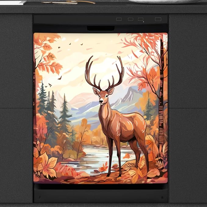 Pastel Autumn Elk Dishwasher Magnet Cover, Reusable Refrigerator Panel Stickers Microwave Front Door Covers Magnets for Kitchen Home Appliances Holiday Party Decorations 23 X 26 in