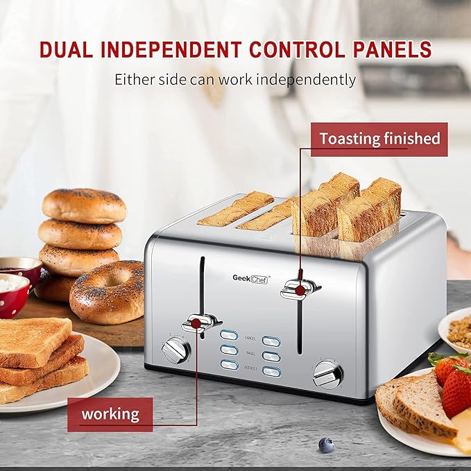 Toaster 4 Slice, Geek Chef Stainless Steel Extra-Wide Slot Toaster with Dual Control Panels of Bagel/Defrost/Cancel Function, 6 Toasting Bread Shade Settings, Removable Crumb Trays, Auto Pop-Up