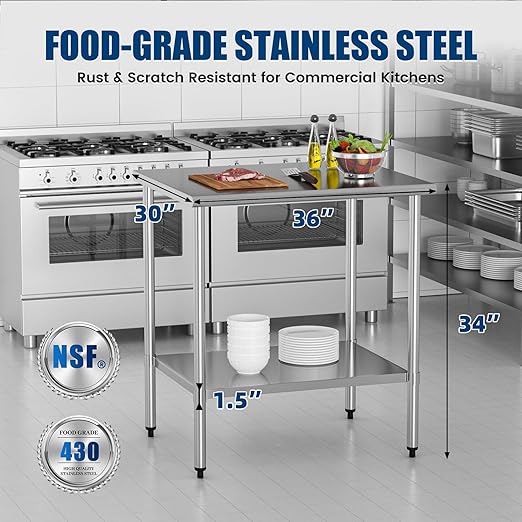 Stainless Steel Work Table 30 x 36 Inch with Adjustable Undershelf, Heavy-Duty Metal Prep Table for Commercial Kitchen & Restaurant, Garage, Outdoor
