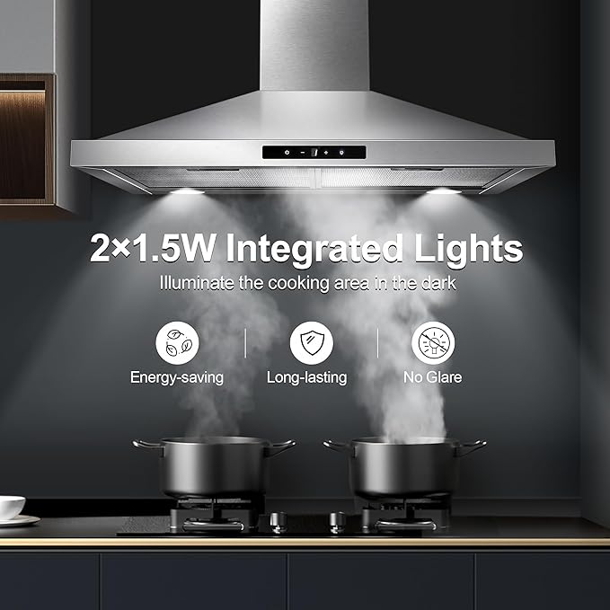 Range Hood 30 inch Wall Mount, Kitchen Vent Hood 450 CFM in Stainless Steel, Stove Vent Hood with Ducted Convertible Ductless, Touch Switch, LEDs Light, 3-Speed Fan, Aluminum Filters