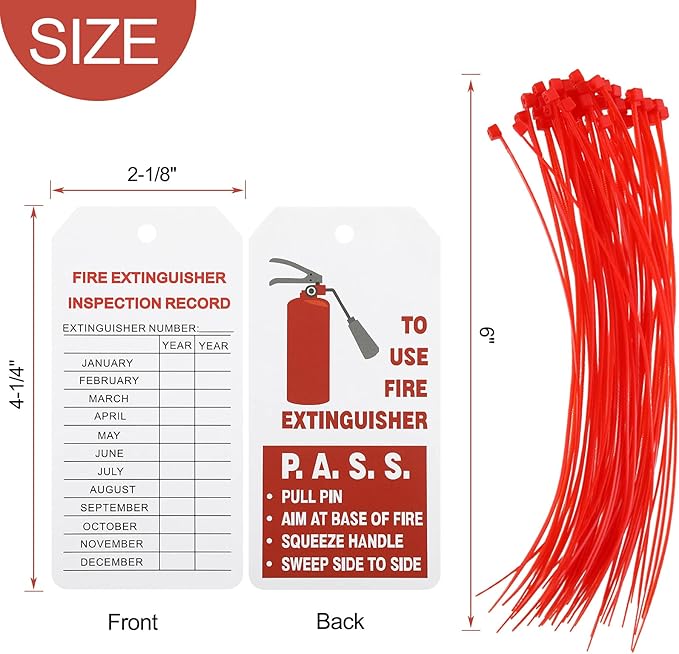 Outus 50 Sets Fire Extinguisher Tags with Adjustable Wire Ties 4.2 x 2.1 Inch Monthly Inspection Waterproof Tags Extinguisher Recharge and Inspection Record for Indoor Outdoor
