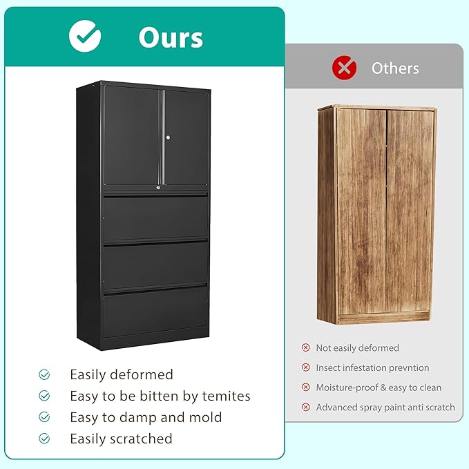 SISESOL 3 Drawer Lateral File Cabinet with Lock and Shelf,Black Metal Filling Cabinet with Drawers and Shelf, Locking File Storage Cabinets with Doors and Shelves for Home,Office,Garage,School