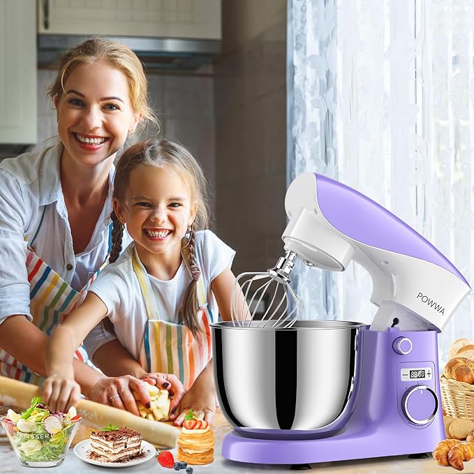 Stand Mixer, 6.5QT 10 Speeds Tilt-Head Electric Stand Mixer, 3-In-1 Kitchen Mixer with Bowl, Dough Hook, Whisk and Beater, Food Mixer for Baking and Daily Use (Purple White)