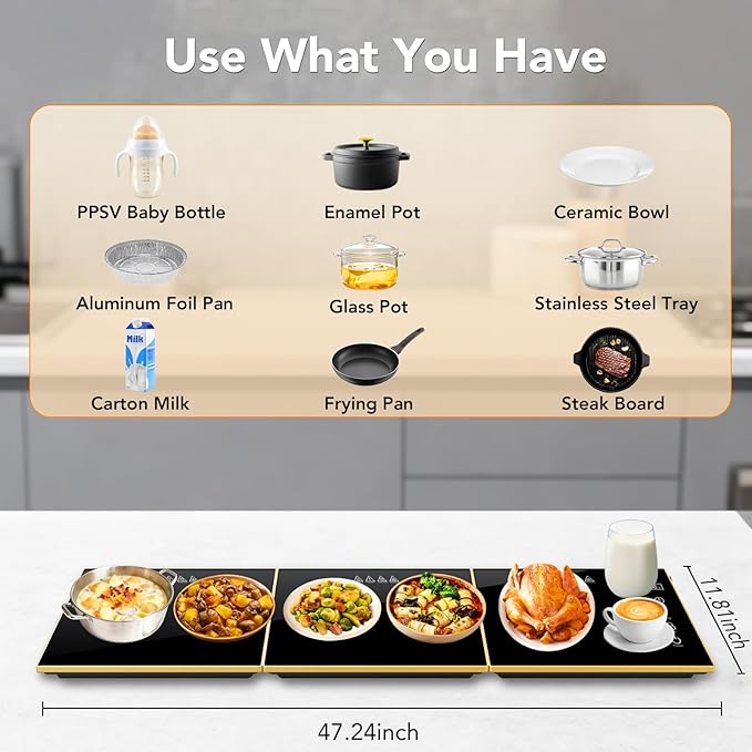 Electric Warming Tray, Extra-Long 47.24'' x 11.81'' Glass Surface, 3-in-1 Warming Mat for Food, with 7 Temperature + 8-Hour Timer Settings, Modular Food Warmers for Parties Buffet for Catering