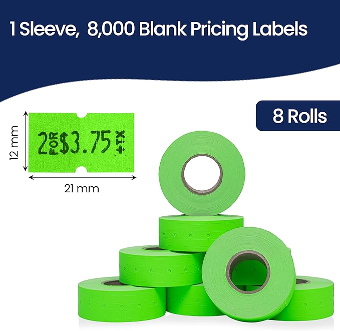 Perco 1 Line Fluorescent Green Labels - 8 Rolls, 1 Sleeve, 8,000 Blank Price and Date Gun Labels for Perco Lite, X, Plus and Pro 1 Line Price and Date Guns - Made in USA