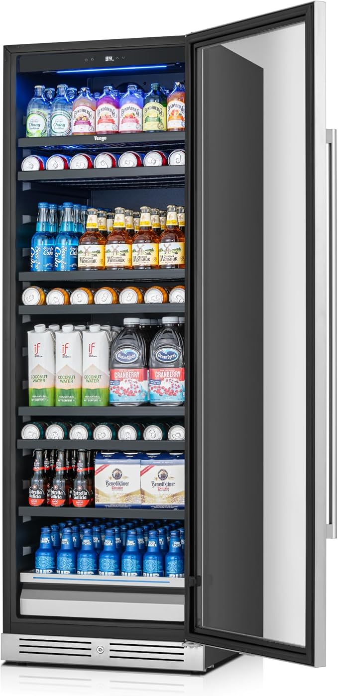 Yeego 24 Inch Large Capacity Beverage Refrigerator, 378 Cans Beverage Cooler with Glass Door & Lock, Built-In or Freestanding Drink Fridge for Soda, Beer & Wine, Office, Bar or Entertainment Area