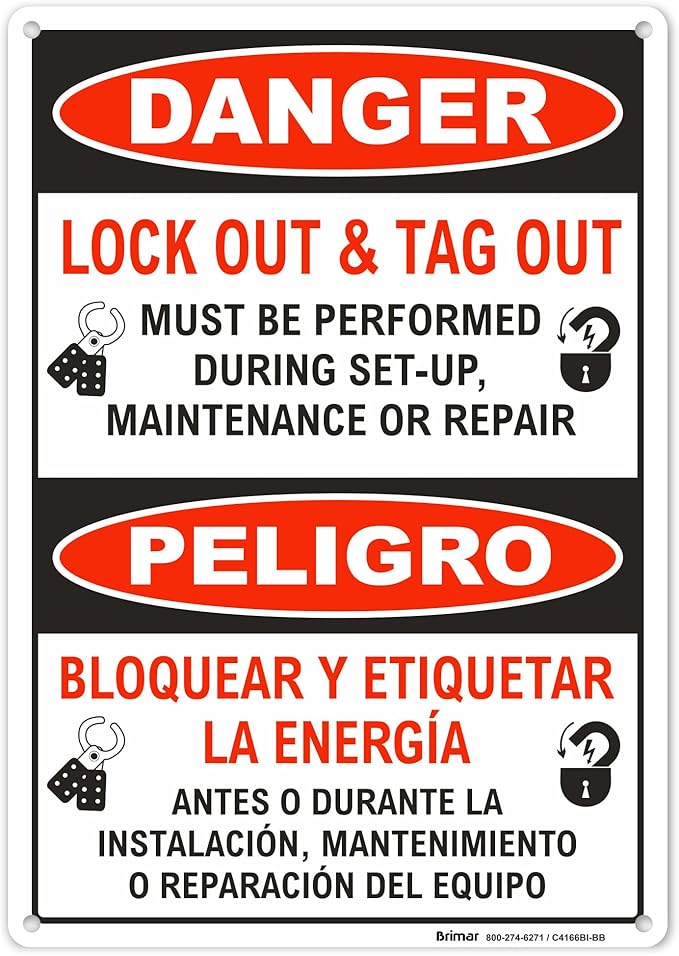 Brimar - 7 x 10" - Bilingual Danger Lock Out & Tag Out Sign - Polyethylene Plastic - High Visibility - Easy Installation