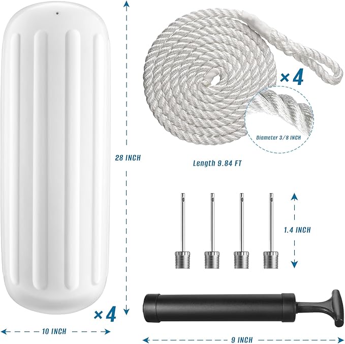 Boat Fenders 4 Pack 10 x 28 Inches Ribbed Center Hole Boat Fenders Bumpers for Docking, Comes with 4 Lines and Pump to Inflate