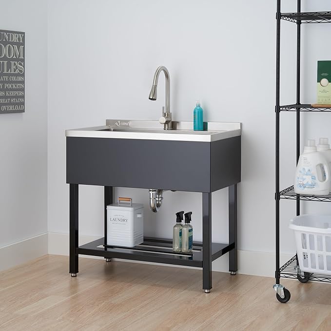 TRINITY THAPBK-0323 Stainless Steel Freestanding Single Bowl Utility Sink for Garage, Laundry Room, and Commercial Use, Includes Pull-Out Faucet, NSF, UPC and cUPC Certified, 36" x 20" x 49.2", Black