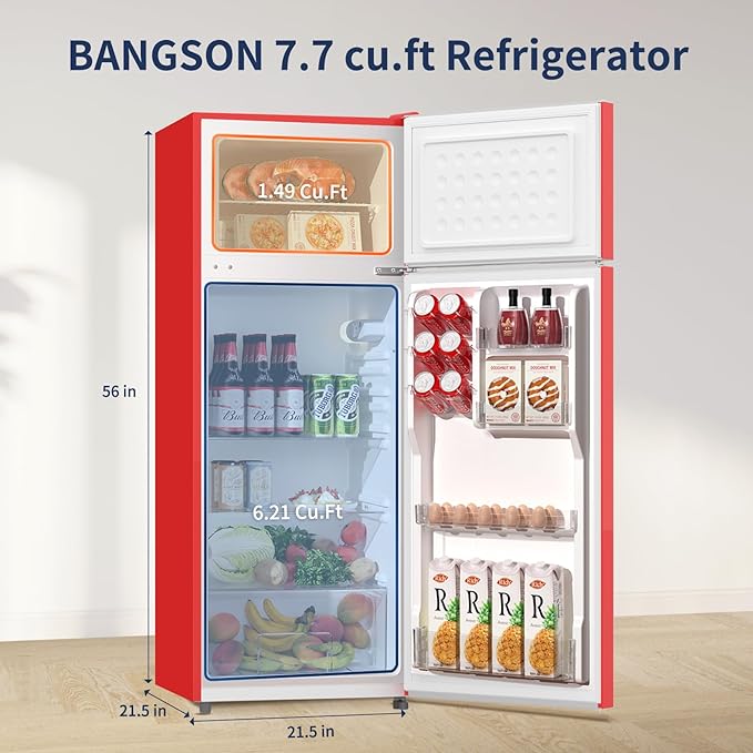 BANGSON 7.7 Cu.Ft Refrigerator with Freezer, Apartment Size Fridge with Top Freezer, Large Capacity, Energy Saving, Adjustable Thermostat, Low Noise, Red