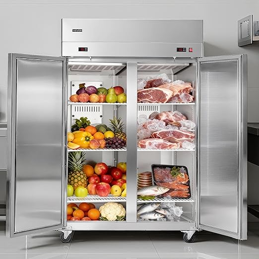 VEVOR Commercial Refrigerator and Freezer Combo 48" W, 32 Cu.Ft Stainless Steel Upright Refrigerator/Freezer with Double Doors, Auto-Defrost, 6 Adjustable Shelves, UL Certified