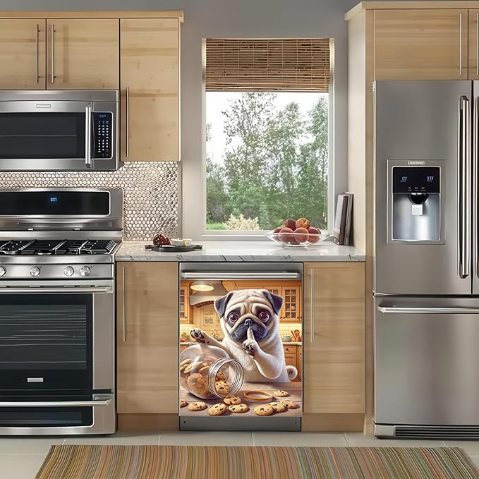 Dog Dishwasher Magnet Cover 23x26 Inch Funny Pug Dishwasher Magnet Cover Sticker Magnetic Refrigerator Panel Front Door Wash Machine Fridge Microwave Decal Home Kitchen Decorative