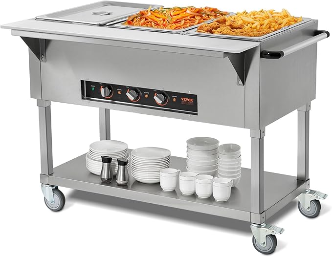 VEVOR 3-Pan Commercial Food Warmer, 3 x 20.6QT Electric Warm Table, 1500W Professional Buffet Catering Food Warmer with 4 Wheels (2 Lockable), Food Grade Stainless Steel Server for Party Restaurant