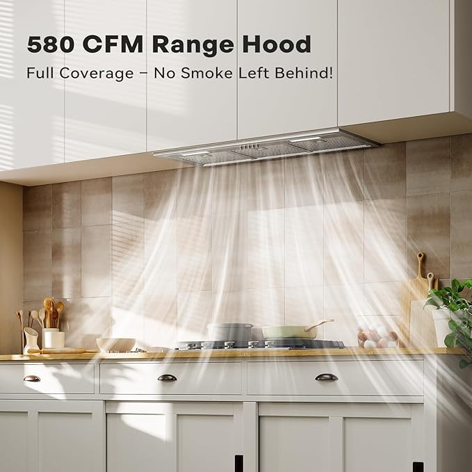 Range Hood Insert 36 Inch, Built-in Kitchen Hood with 580 CFM, 5-Layer Aluminum Mesh Filter, Ducted/Ductless Convertible Duct, Stainless Steel Kitchen Vent Hood, 3-Speed Controls, LED Lights