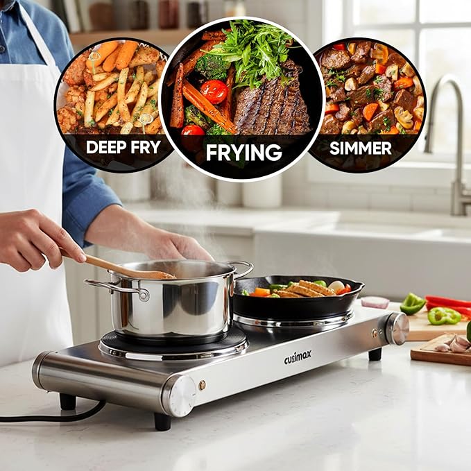 CUSIMAX Electric Hot Plate, 1800W Double Burner, Cast Iron Countertop Cooktop, Hot Plates for Cooking, Portable Countertop Stove, Compatible with all Cookwares, Upgraded Version