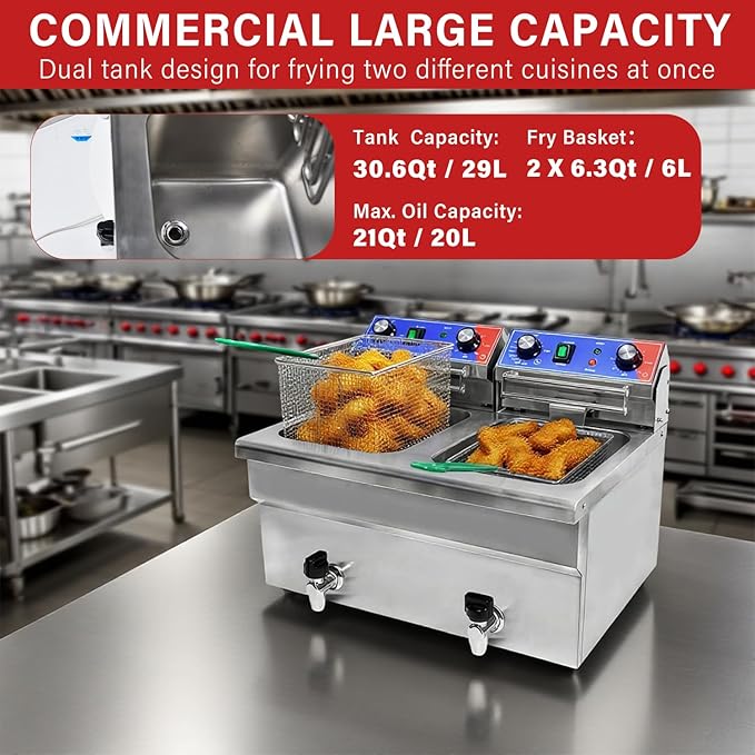 Commercial Deep Fryer, 2 x 15.3Qt Dual Tank Electric Countertop Deep Fryers with Drain, 3800W Large Capacity Stainless Steel Oil Fryer with Baskets and Time&Temp Control for Restaurant Use