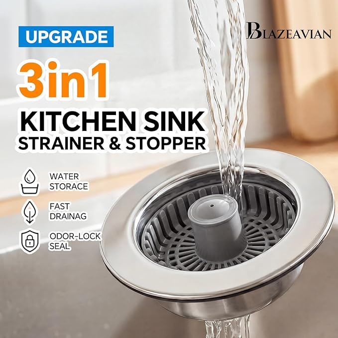 Kitchen Sink Stopper, 3 in 1 Pop Up Kitchen Sink Drain Strainer, with an Extra Basket Strainer, Sink Drain Stopper for US Standard 3-1/2 Inch, Brass Material Electroplate (Silver 2pcs)