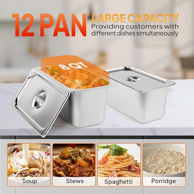 ROVSUN 96QT 1500W Electric Commercial Food Warmer, 12-Pan Steam Table 8QT/Pan Stainless Steel Bain Marie Countertop w/Glass Shield Temperature Control & Lid for Buffet Restaurant 110V