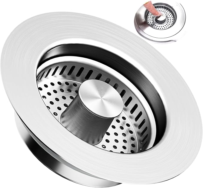 3-in-1 Kitchen Sink Drain Strainer & Stopper with Basket, Stainless Steel Drain Plug Cover Catcher for Food Waste - Sink Accessories for Home or Kitchen Sink Shroom Fit US Standard 3-1/2'' Drain Hole
