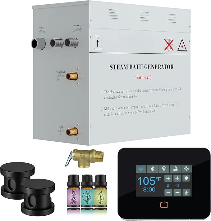 Builders Series 10.5kW Steam Bath Generator with Quickstart Continuous Steam, Black Digital Touch Pad, Built-in Auto-Drain, and Aroma Steamhead in Matte Black