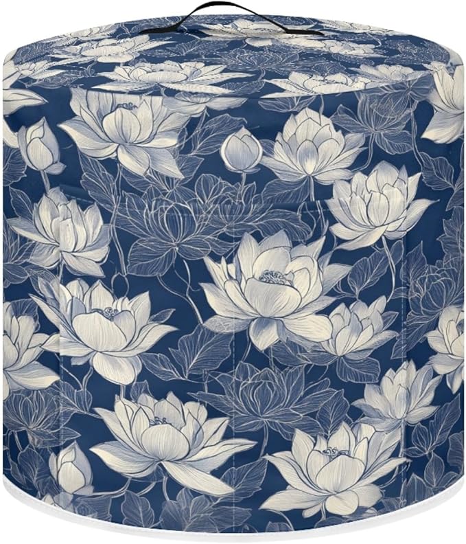 Insulated Pressure Cooker Appliance Cover, Also Fit for Rice Cooker, Air Fryer and Crock Pot, 3 Qt Dust Cover with Pocket for Spoon/Cooking Utensils/Recipes, Machine Washable, Blue Lotus