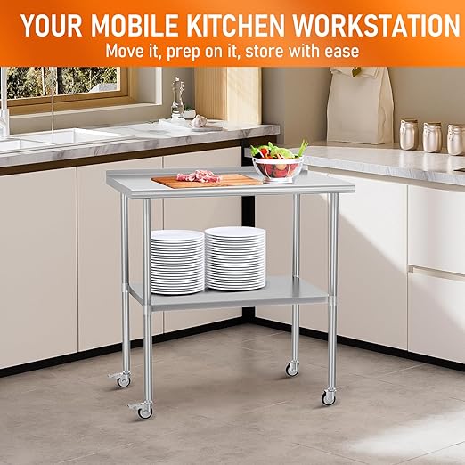 Stainless Steel Prep Table 24" X 36" with Adjustable Undershelf, Backsplash and Wheels, Commercial Metal Workstations for Kitchen, Garage, Outdoor BBQ