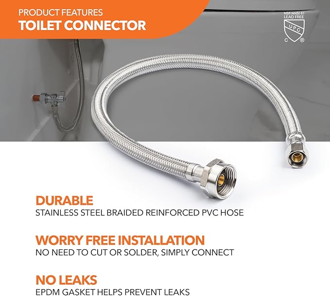 Stainless Steel Braided Water Connectors with Reinforced PVC Inner Hose for Toilets, 3/8" Compression x 7/8" Metal Ballcock, 16" Length (5Pack)