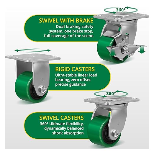 3 Inch Caster Wheels, Heavy Duty Caster with Strong Load-Bearing, Polyurethane Wheel on Steel Hub, Supports 800 lbs Each(4 Brake)
