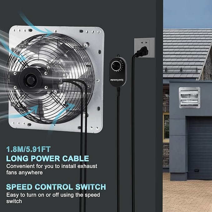 Criditpid 10 Inch Shutter Exhaust Fan with Speed Controller and Power Cord, 820 CFM 1650 RPM Wall Mounted Metal Exhaust Fan for Attic, Greenhouse, Garages, Barn, Workshop, Chicken Coop Ventilation