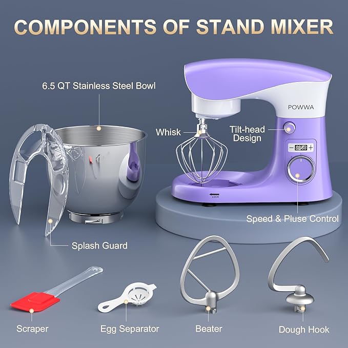 Stand Mixer, 6.5QT 10 Speeds Tilt-Head Electric Stand Mixer, 3-In-1 Kitchen Mixer with Bowl, Dough Hook, Whisk and Beater, Food Mixer for Baking and Daily Use (Purple White)