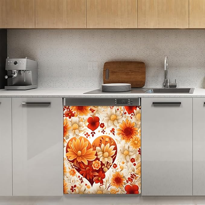 Valentine's Day Yellow Flowers Dishwasher Magnet Cover, Reusable Refrigerator Panel Stickers Microwave Front Door Covers Magnets for Kitchen Home Appliances Holiday Party Decorations 23 X 26 in