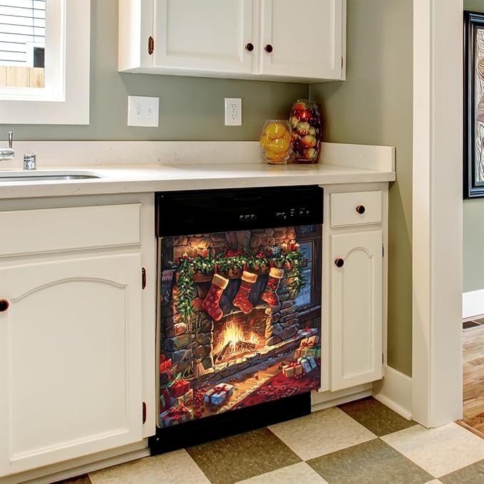 Christmas Stockings Fireplace Dishwasher Magnet Cover, Reusable Refrigerator Panel Stickers Microwave Front Door Covers Magnets for Kitchen Home Appliances Holiday Party Decorations 23 X 26 in
