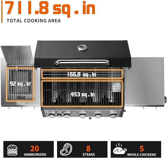 SKOK 5+1 Burners Infrared Grill, Gas Grill with Cast Iron Grates, Outdoor Barbecue Grill 72,000 BTU Output