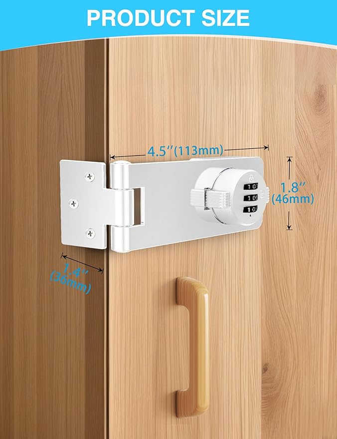 Keyless Cabinet Combination Lock, 3-Digit Password Twist Knob Hasp Latch for Doors, Cabinets, Drawers, Barn Door, Bathroom, Outdoor, Closet, Fence, Durable Zinc Alloy, (White, 1 Pack)